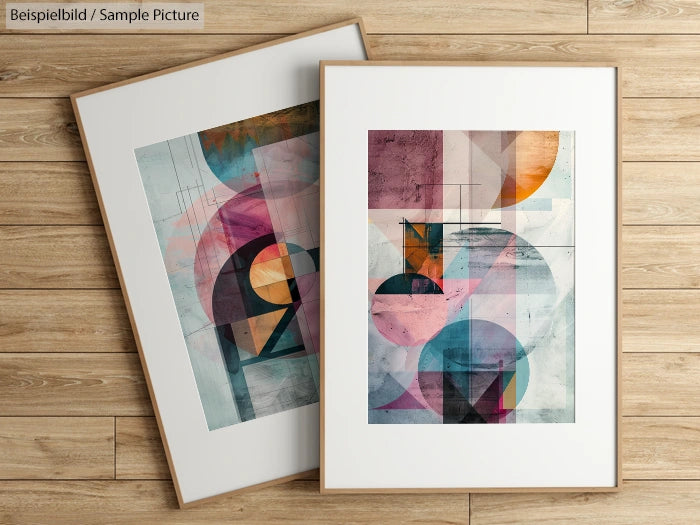 Two framed abstract paintings with geometric shapes and vibrant colors on a wooden floor.