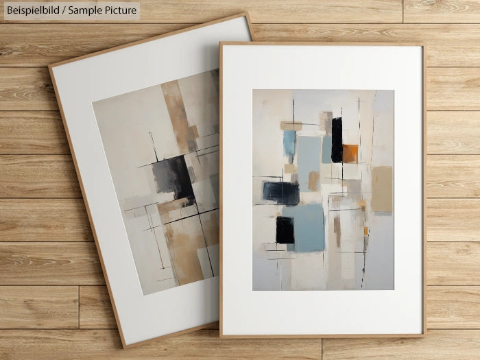 Two abstract paintings with geometric shapes in neutral and blue tones, framed, on a wooden floor.