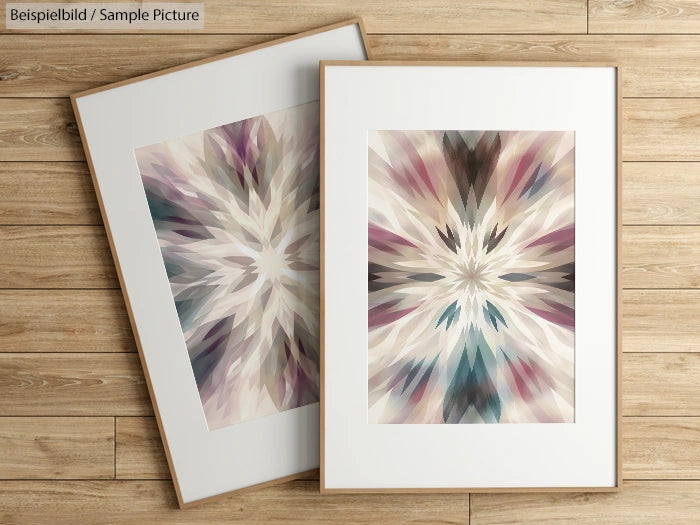 Framed abstract geometric art prints with symmetrical patterns in pastel colors on wooden floor.