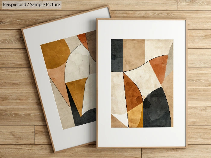 Two abstract paintings with curved beige, black, and peach shapes in wooden frames, displayed on a wooden floor.