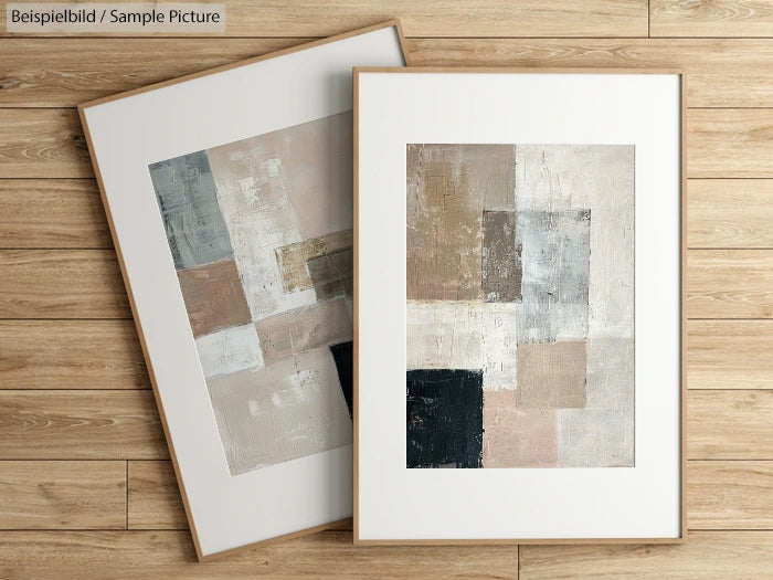 Abstract geometric paintings with neutral tones, featuring square and rectangular shapes, framed on wooden floor.