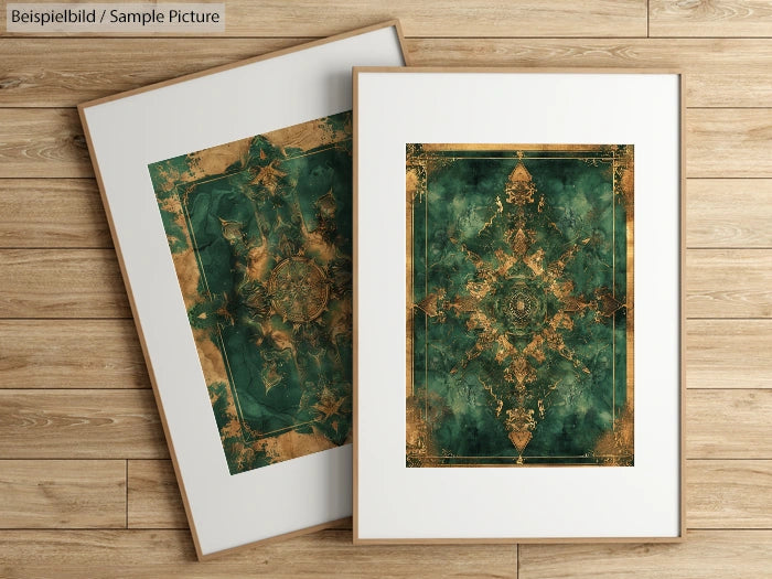 Two framed abstract art prints with ornate green and gold designs on a wooden floor.