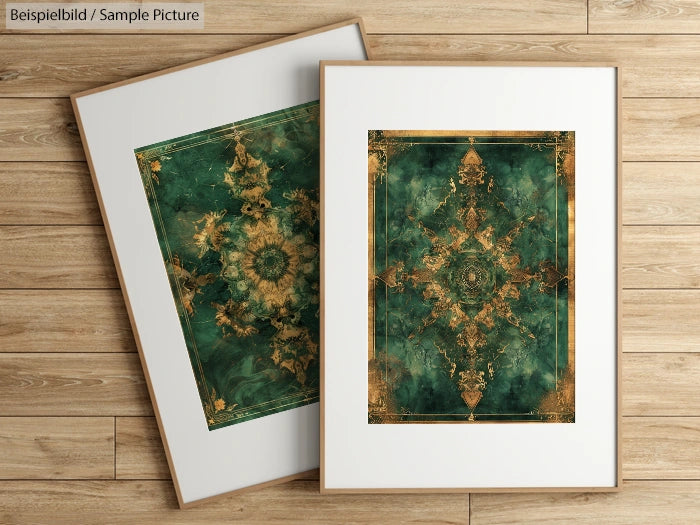 Two framed abstract artworks with green and gold intricate designs on a wooden floor.