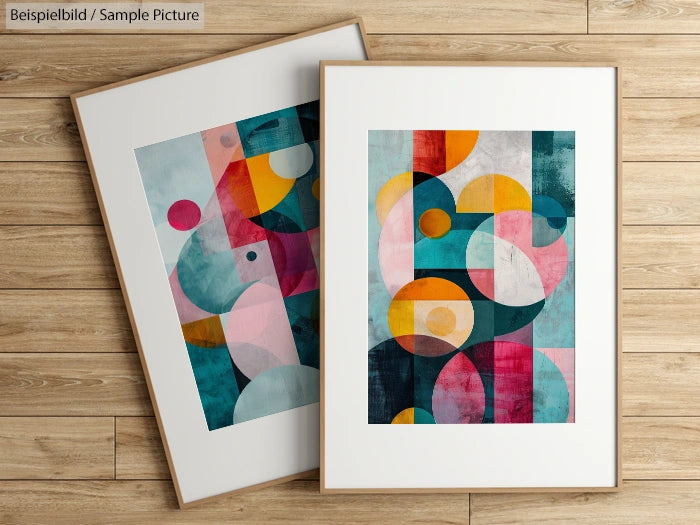 Two abstract art prints with colorful geometric shapes, leaning against a wooden wall on a wooden floor.