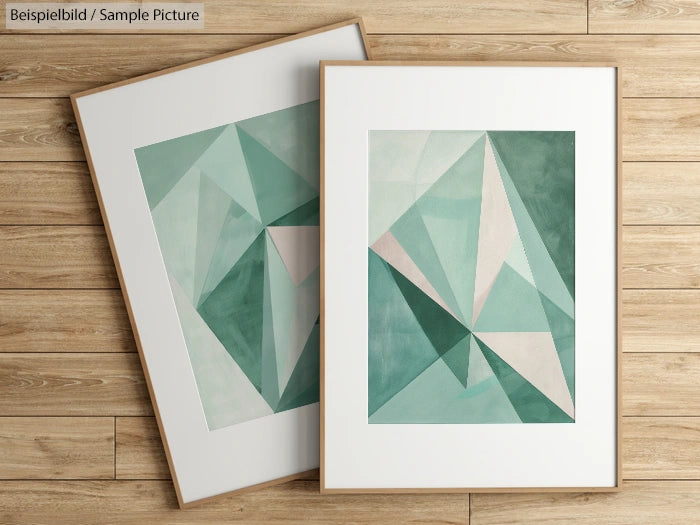 Two framed geometric abstract paintings with green, teal, and beige triangles on a wooden floor background.