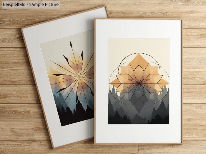 Two framed geometric art prints with star and mountain designs on a wooden floor.