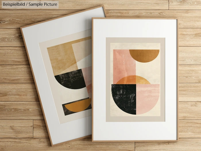 Two framed abstract geometric prints with pink, black, and beige shapes on a wooden surface.