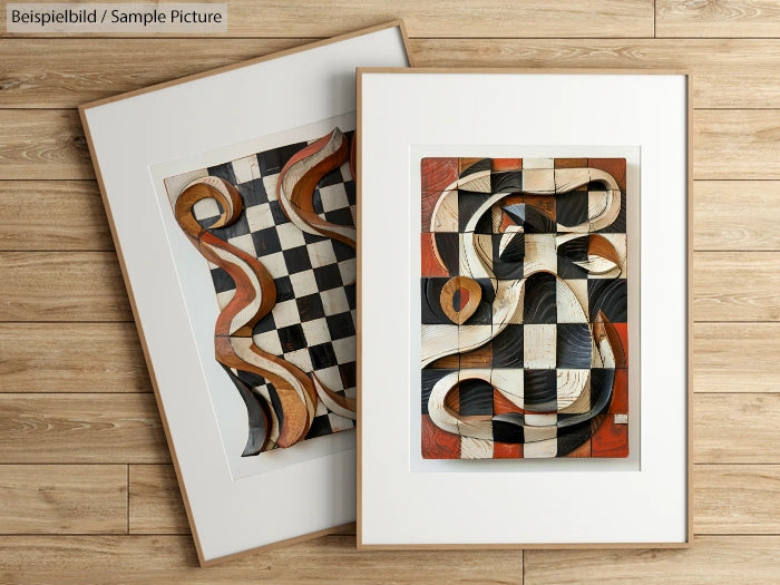 Two abstract art pieces with a checkered and swirling pattern, framed in white, placed on a wooden surface.