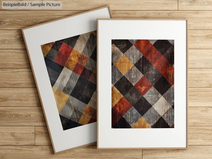 Two framed abstract paintings with geometric plaid patterns in red, orange, and gray hues on a wooden floor.