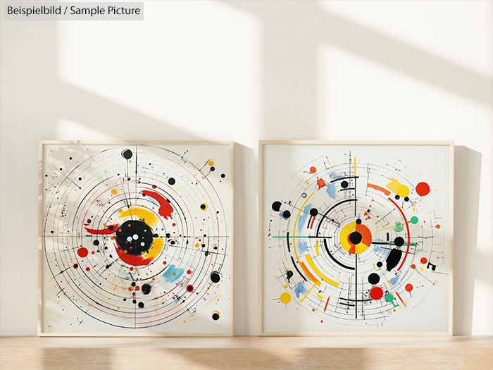 Two framed abstract paintings with colorful circles, dots, and lines on a light background, leaning against a wall.