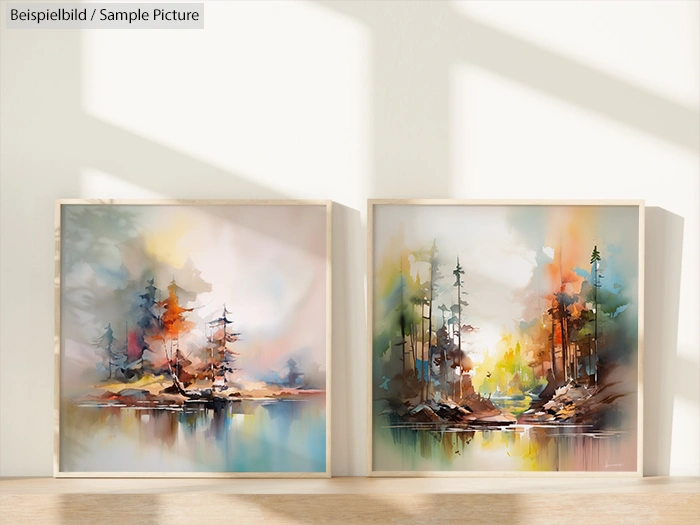 Two framed abstract landscape paintings with colorful trees and reflections on water, illuminated by soft sunlight.