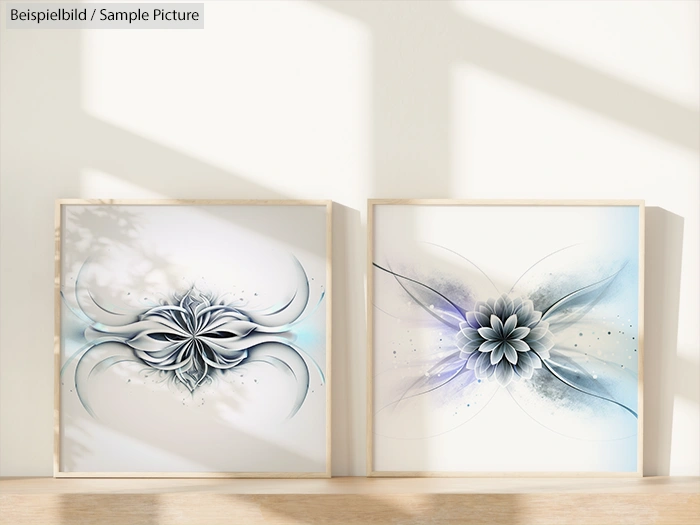 Two abstract art prints with floral patterns in blue and white in wooden frames, displayed against a wall.