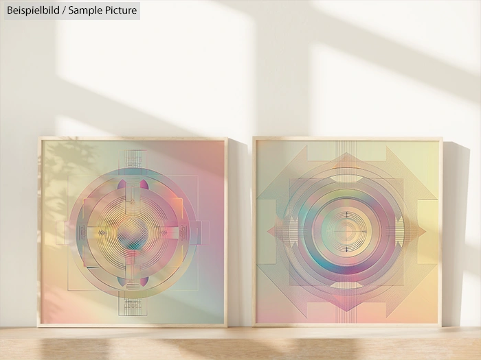 Two geometric abstract art pieces with pastel hues, displayed in wooden frames against a soft-lit wall.