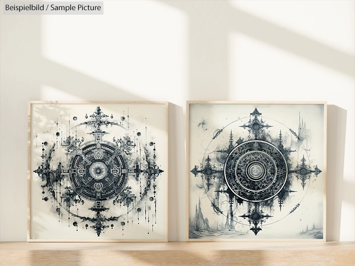 Two framed geometric mandala artworks with intricate black patterns on a white background, leaning against a sunlit wall.