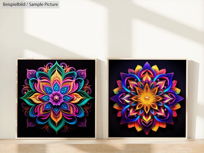 Two vibrant mandala artworks with colorful floral designs displayed in frames against a bright wall.