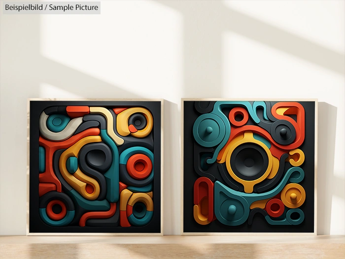 Two colorful abstract wall art pieces with geometric patterns in vibrant red, orange, blue, and yellow hues.