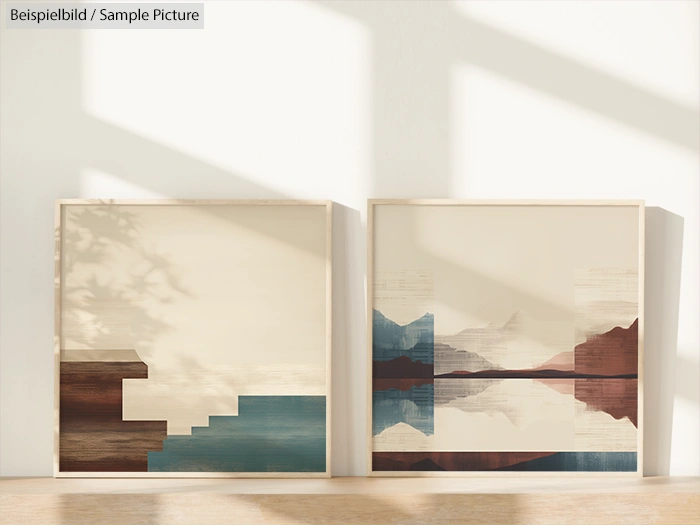 Two framed abstract landscape paintings with geometric shapes in blue and brown tones, leaning against a sunlit wall.