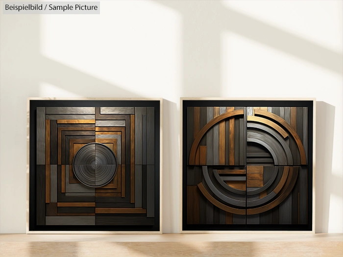 Two geometric abstract wall art pieces with concentric patterns in brown and black tones under sunlight.