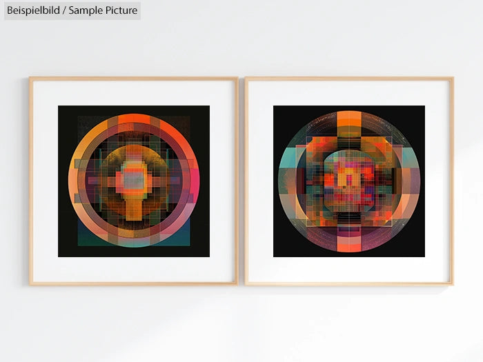 Two abstract geometric artworks with colorful circular patterns in wooden frames on a white wall.