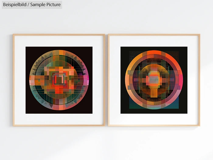 Two framed abstract geometric artworks with vibrant circular patterns in various colors on a white wall.