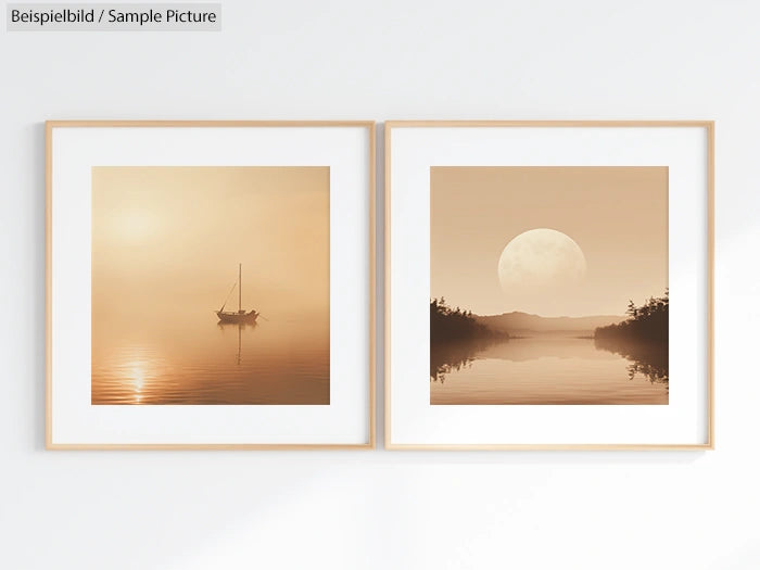 Two framed images of serene landscapes: a boat on misty water and a large moon over a calm lake at sunset.