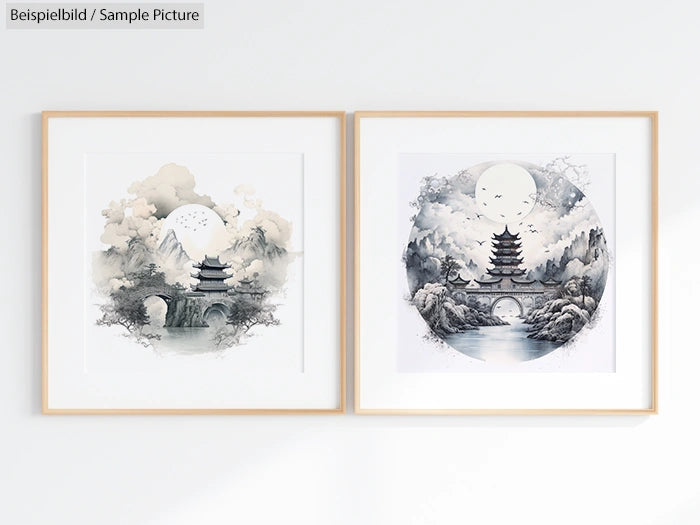 Two framed oriental ink artworks featuring pagoda landscapes with mountains and full moons.