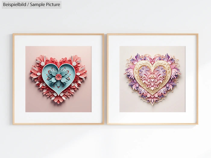 Two framed heart-shaped sculptures, one blue and pink with floral designs, the other purple and pink with ornate patterns.