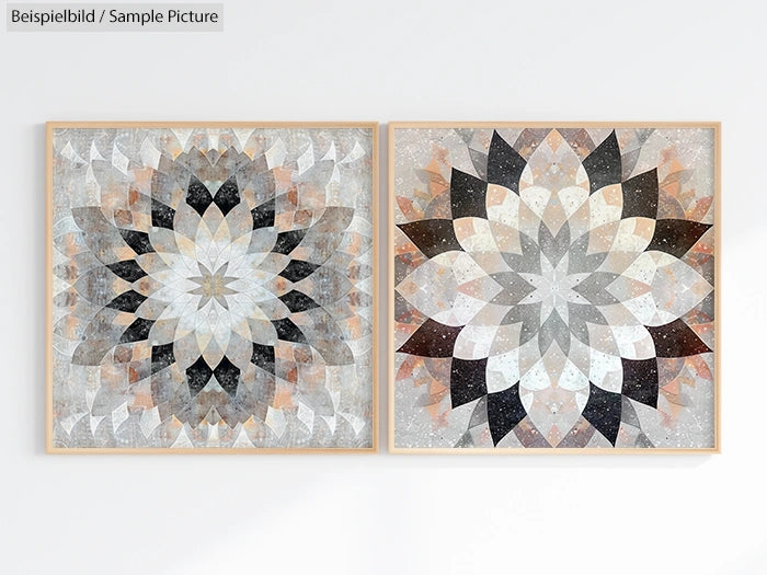 Two framed geometric artworks with symmetrical, star-like patterns in neutral tones.