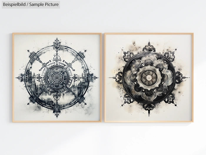 Two abstract mandala artworks in black and white with intricate geometric designs, framed side by side on a white wall.