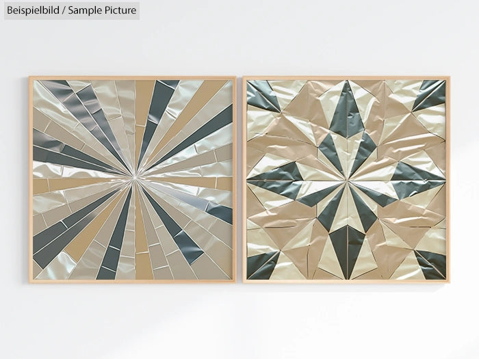 Two geometric art pieces with mirrored metallic patterns reflecting light, framed and hung on a white wall.