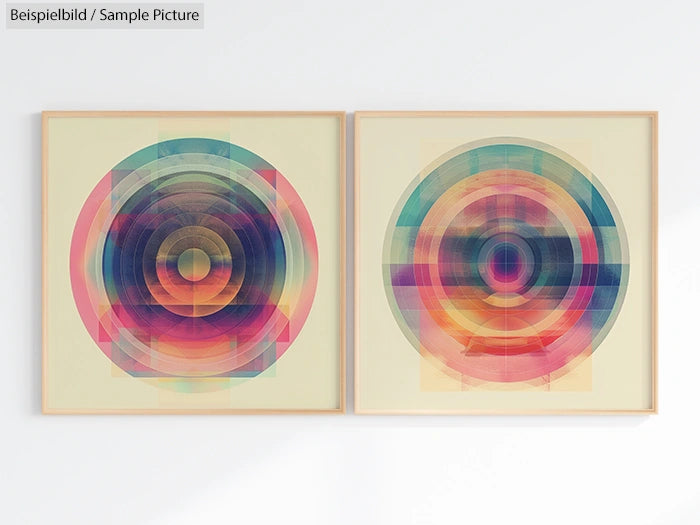 Two abstract artworks with overlapping colorful circular patterns in wooden frames.