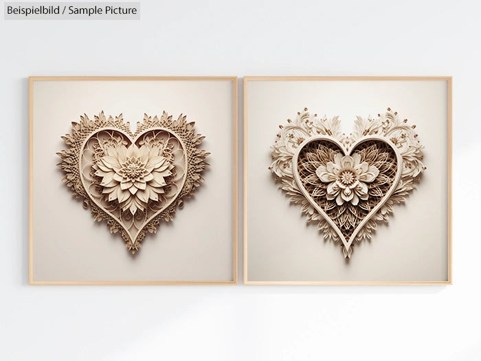 Two framed heart-shaped floral carvings in a beige color, intricately designed with leaves and flowers, mounted on a wall.