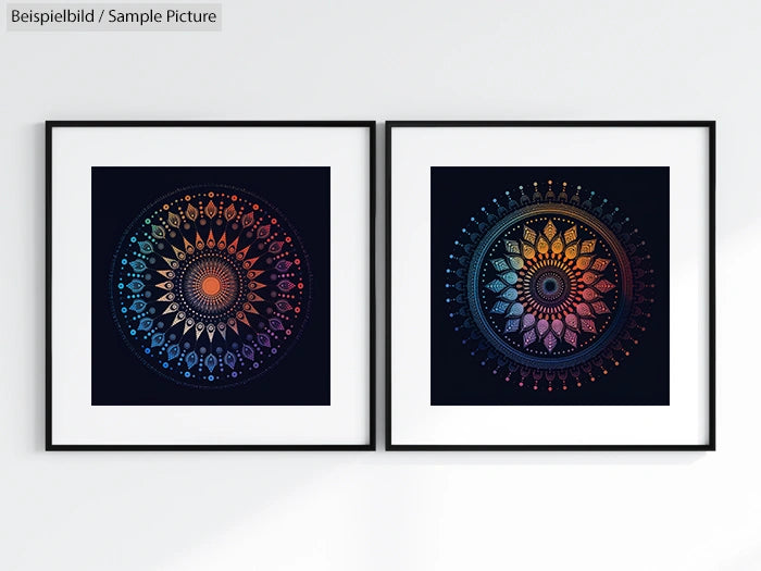 Two framed mandala artworks with intricate colorful patterns on a dark background, hung side by side on a white wall.