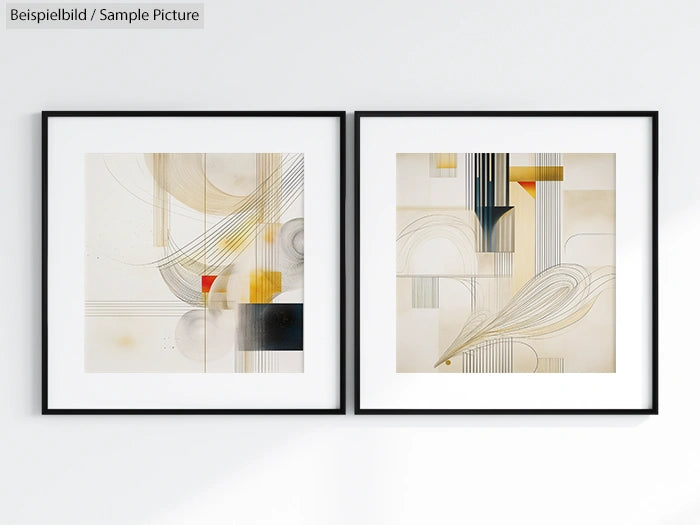 Abstract artwork with geometric and flowing forms in neutral tones, framed in black, displayed on a white wall.