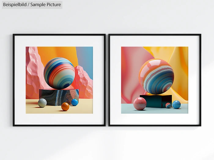 Two framed abstract artworks featuring colorful, spherical shapes with vibrant backgrounds displayed on a wall.