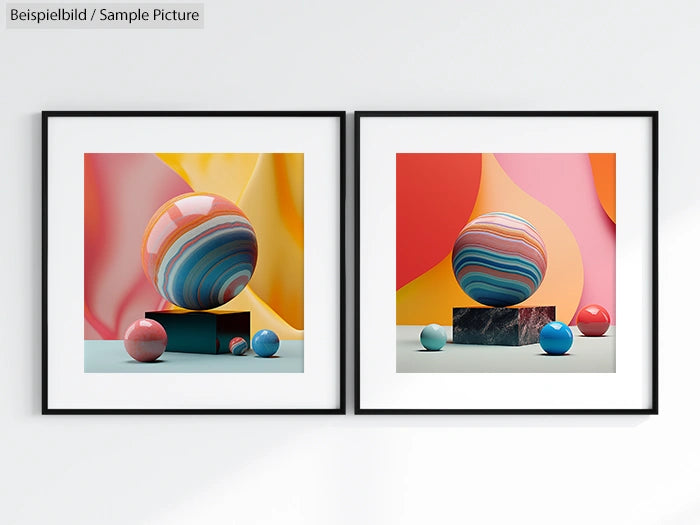 Two framed abstract artworks featuring colorful, marbled spheres on varied backgrounds with geometric designs.