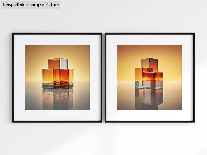 Two framed artworks with geometric shapes in warm tones, displayed side by side on a light-colored wall.