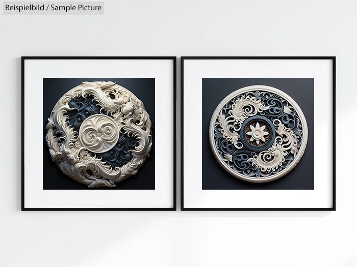 Two framed artworks with intricate, circular designs featuring floral and swirling patterns on a black background.