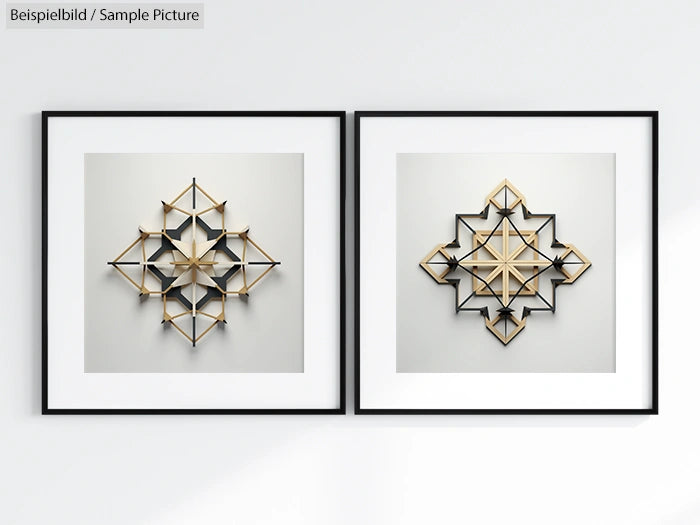 Two geometric abstract artworks with gold and black star patterns in black frames on a white wall.