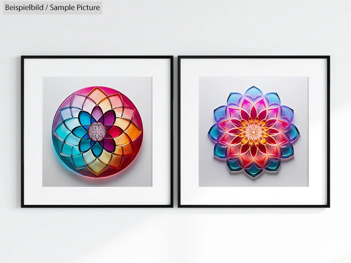 Two framed mandala art pieces with vibrant colors on a white wall.