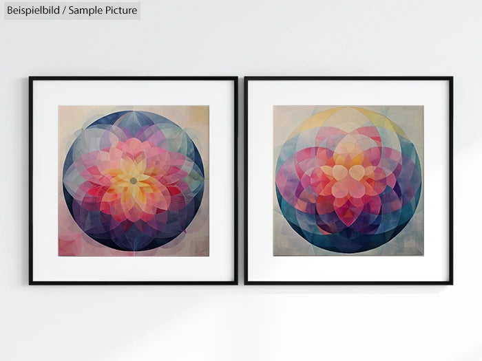 Two abstract geometric artworks with overlapping circles in warm tones, framed on a white wall.