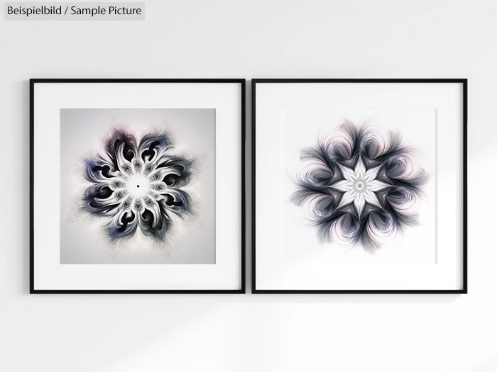 Framed abstract floral artworks in black, white, and gray hues on a light wall.