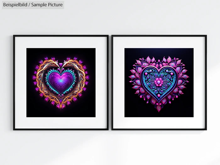 Two colorful heart art pieces in frames, one with warm tones and the other with cool tones, on a white wall.