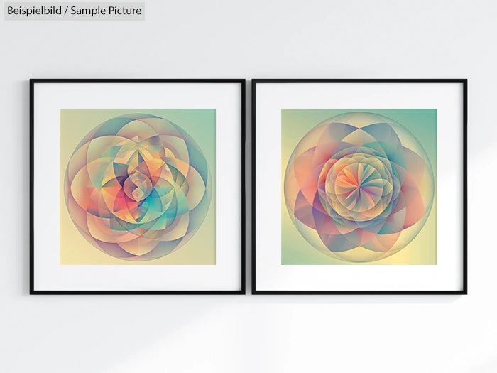 Two framed geometric abstract artworks with overlapping circles in pastel colors displayed side by side on a wall.