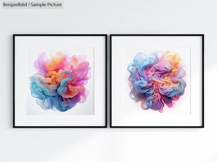 Two framed abstract art pieces with vibrant swirls of blue, pink, orange, and yellow on a white wall.