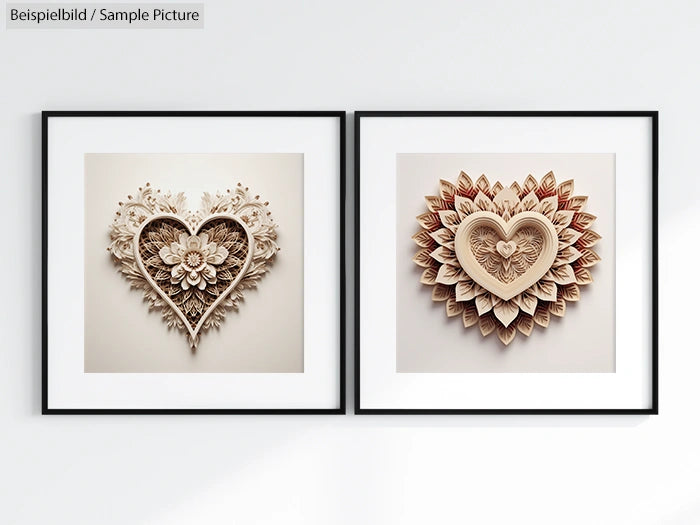 Two framed artworks featuring intricate heart designs with floral and layered patterns, displayed on a white wall.