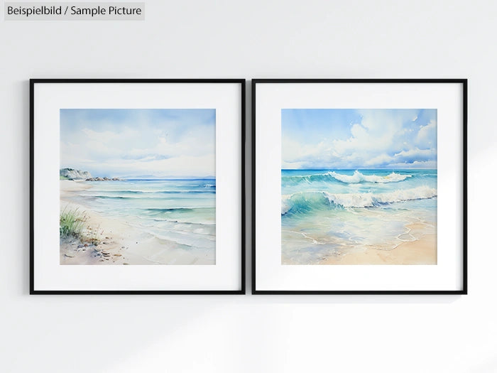 Two framed watercolor paintings of serene beach scenes with waves and blue skies, hung on a light-colored wall.