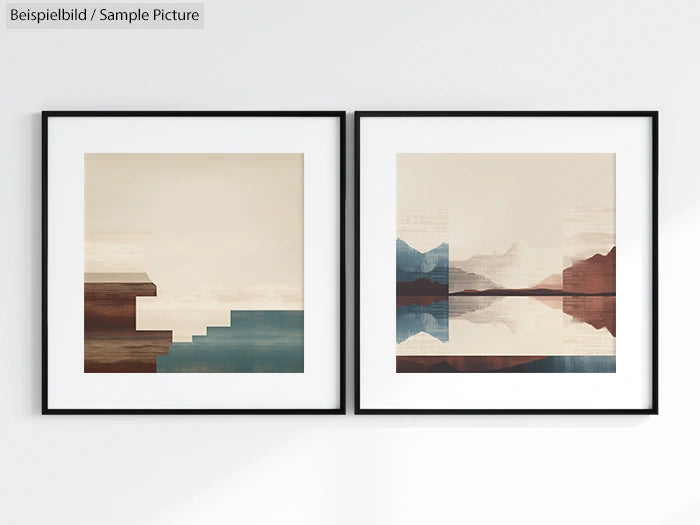 Two framed abstract art prints with geometric landscapes in earth tones, featuring mountains and water reflections.