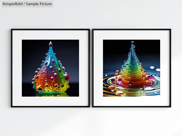 Two framed artworks depicting colorful water droplets on a smooth background, blending various vivid colors and bubbles.