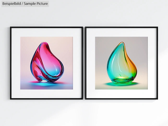 Two framed abstract glass sculptures with pink and blue, and green and orange hues on a white wall.